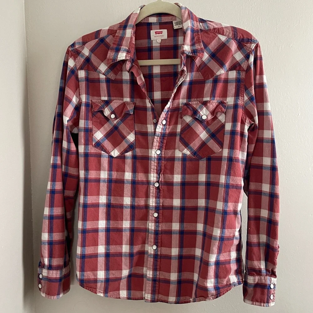 Levi's | Men’s M - Western Red and Blue Plaid Shirt, Pearl snap‎ closure